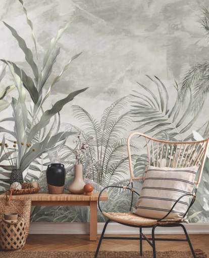 Grønn og grå jungel blader og grener på en tåkete tapet Grønn og grå jungel blader og grener på en tåkete tapet