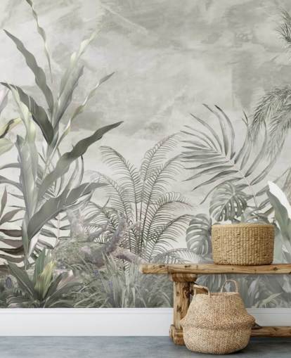 Green and grey jungle leaves and branches on a misty wallpaper Green and grey jungle leaves and branches on a misty wallpaper