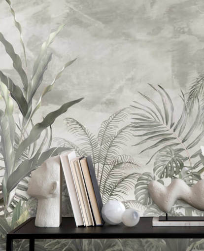 Green and gray jungle leaves and branches on a misty wallpaper Green and gray jungle leaves and branches on a misty wallpaper