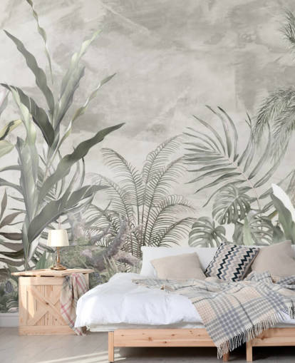 Green and grey jungle leaves and branches on a misty wallpaper Green and grey jungle leaves and branches on a misty wallpaper