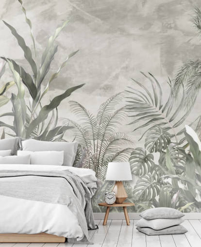 Green and grey jungle leaves and branches on a misty wallpaper Green and grey jungle leaves and branches on a misty wallpaper