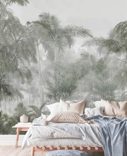 Tall green jungle trees and palm trees with a soft haze wallpaper Tall green jungle trees and palm trees with a soft haze wallpaper