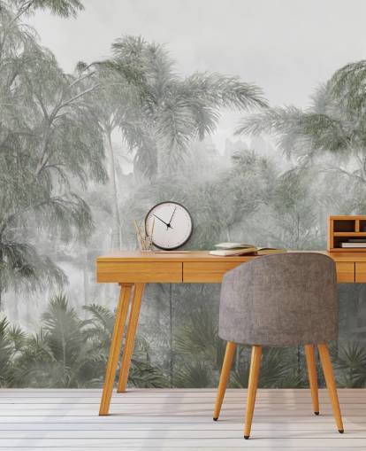 Höga gröna djungelträd och palmer med en mjuk dis tapet Höga gröna djungelträd och palmer med en mjuk dis tapet