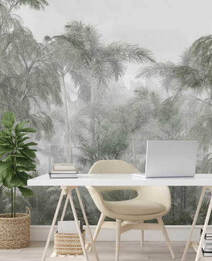 Hoge groene junglebomen en palmbomen met een zacht waasbehang Hoge groene junglebomen en palmbomen met een zacht waasbehang