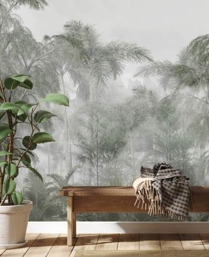 Papel pintado de altos árboles selváticos verdes y palmeras con una suave neblina Papel pintado de altos árboles selváticos verdes y palmeras con una suave neblina