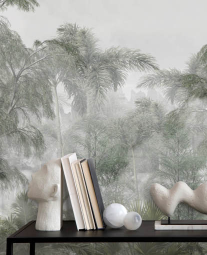 Høje grønne jungle træer og palmer med en blød dis tapet Høje grønne jungle træer og palmer med en blød dis tapet