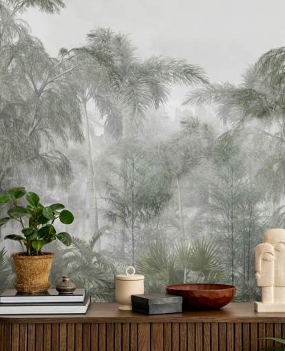 Árvores verdes altas da selva e palmeiras com um papel de parede de neblina suave Árvores verdes altas da selva e palmeiras com um papel de parede de neblina suave