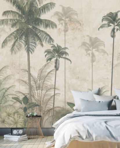 Panoramic vintage jungle wallpaper with a beige hazy background and tall muted green palm trees Panoramic vintage jungle wallpaper with a beige hazy background and tall muted green palm trees