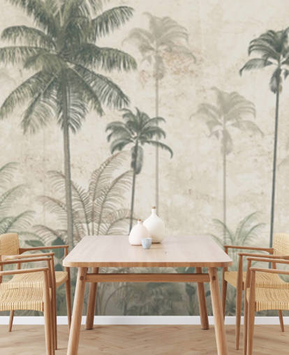 Panoramisch vintage junglebehang met een beige wazige achtergrond en hoge gedempte groene palmbomen Panoramisch vintage junglebehang met een beige wazige achtergrond en hoge gedempte groene palmbomen