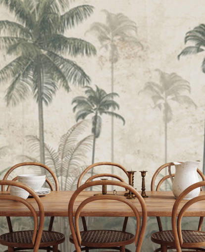 Papel de parede panorâmico vintage da selva com fundo bege nebuloso e altas palmeiras verdes suaves Papel de parede panorâmico vintage da selva com fundo bege nebuloso e altas palmeiras verdes suaves