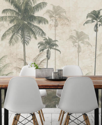 Panoramisch vintage junglebehang met een beige wazige achtergrond en hoge gedempte groene palmbomen Panoramisch vintage junglebehang met een beige wazige achtergrond en hoge gedempte groene palmbomen