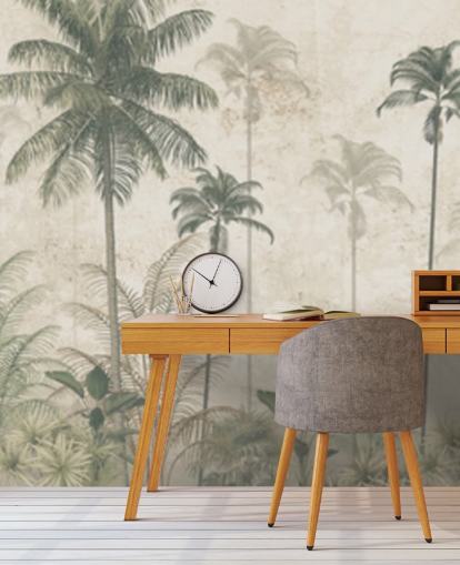 Panoramic vintage jungle wallpaper with a beige hazy background and tall muted green palm trees Panoramic vintage jungle wallpaper with a beige hazy background and tall muted green palm trees