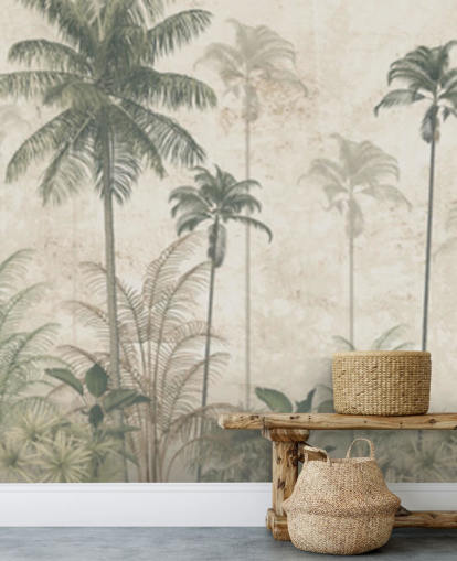 Panoramic vintage jungle wallpaper with a beige hazy background and tall muted green palm trees Panoramic vintage jungle wallpaper with a beige hazy background and tall muted green palm trees
