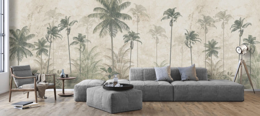 Panorama vintage jungle tapet med en beige diset baggrund og høje dæmpede grønne palmer