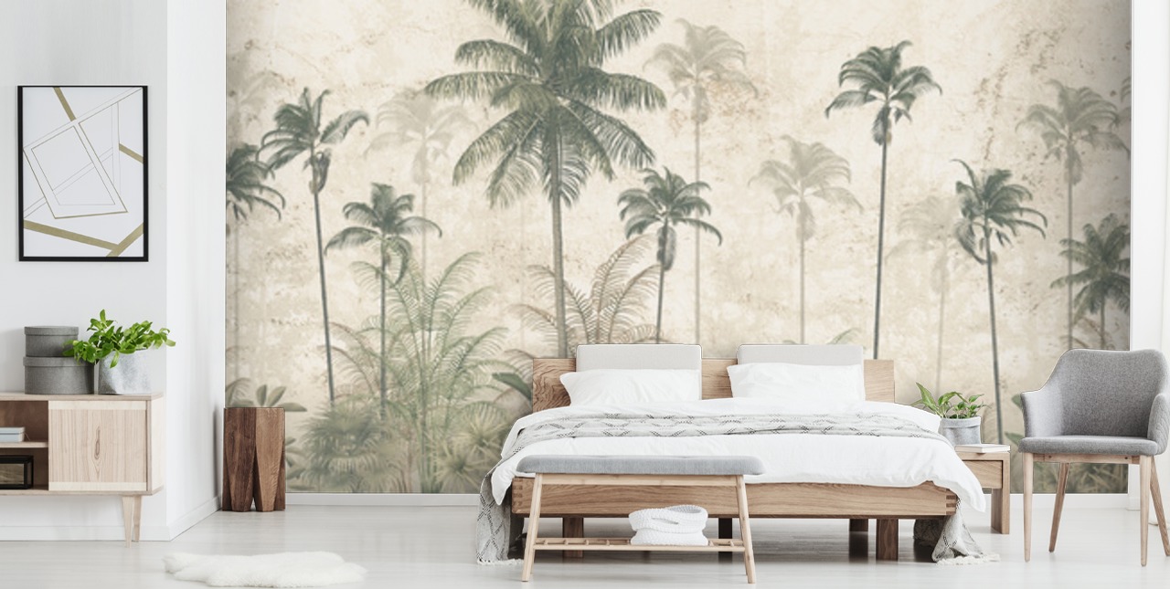 Panoramic vintage jungle wallpaper with a beige hazy background and tall muted green palm trees