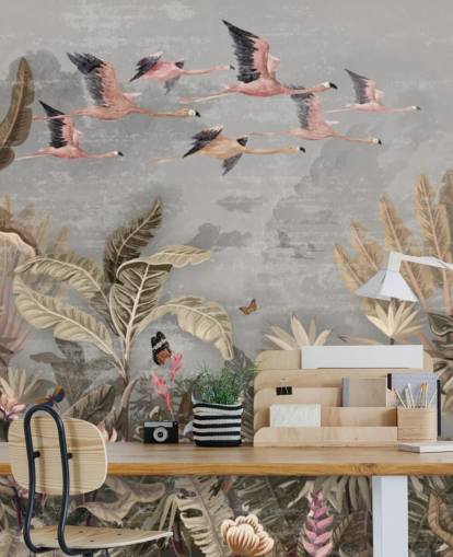 Beige and green palm trees and jungle trees with pink flowers, flying pink flamingo with a grey sky wallpaper Beige and green palm trees and jungle trees with pink flowers, flying pink flamingo with a grey sky wallpaper