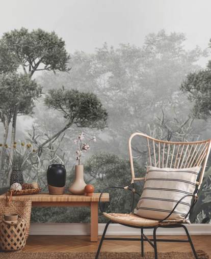 Carta da parati verde tenue con alberi della giungla Carta da parati verde tenue con alberi della giungla