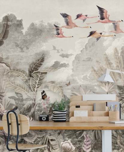 Muted green palm trees and jungle trees with light pink flowers and flying pink flamingo birds wallpaper Muted green palm trees and jungle trees with light pink flowers and flying pink flamingo birds wallpaper