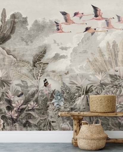 Muted green palm trees and jungle trees with light pink flowers and flying pink flamingo birds wallpaper Muted green palm trees and jungle trees with light pink flowers and flying pink flamingo birds wallpaper