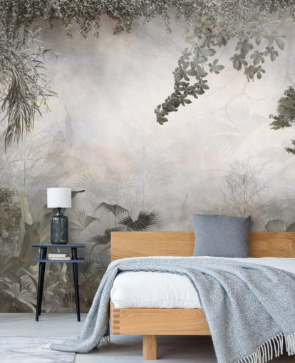 Gedämpfte grüne Dschungelbäume und Sträucher, umrahmt von einer weißen Hintergrundtapete Gedämpfte grüne Dschungelbäume und Sträucher, umrahmt von einer weißen Hintergrundtapete