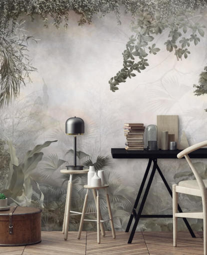 Dæmpede grønne jungle træer og buske indrammet omkring en hvid baggrund tapet Dæmpede grønne jungle træer og buske indrammet omkring en hvid baggrund tapet