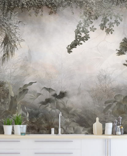 Alberi e cespugli della giungla verde tenui incorniciati da uno sfondo bianco Alberi e cespugli della giungla verde tenui incorniciati da uno sfondo bianco