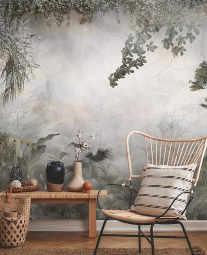 Muted green jungle trees and bushes framed around a white background wallpaper Muted green jungle trees and bushes framed around a white background wallpaper