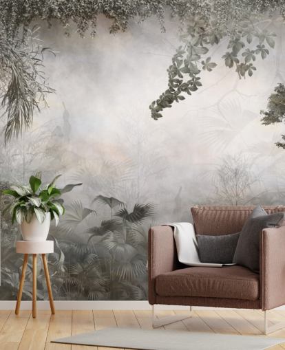 Árboles y arbustos de la selva verde apagados enmarcados alrededor de un fondo de pantalla blanco Árboles y arbustos de la selva verde apagados enmarcados alrededor de un fondo de pantalla blanco