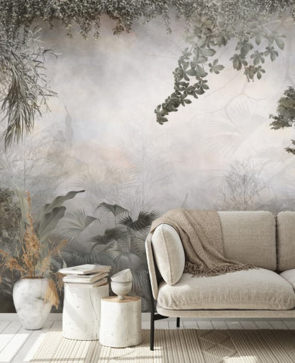 Muted green jungle trees and bushes framed around a white background wallpaper Muted green jungle trees and bushes framed around a white background wallpaper