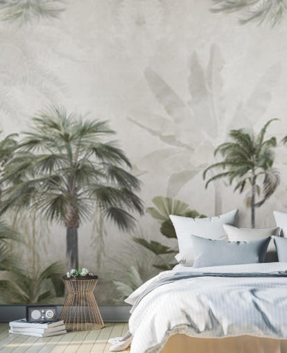 Panoramic muted green and grey jungle wallpaper with tall palm trees Panoramic muted green and grey jungle wallpaper with tall palm trees