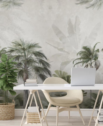 Carta da parati panoramica verde e grigia della giungla con alte palme Carta da parati panoramica verde e grigia della giungla con alte palme