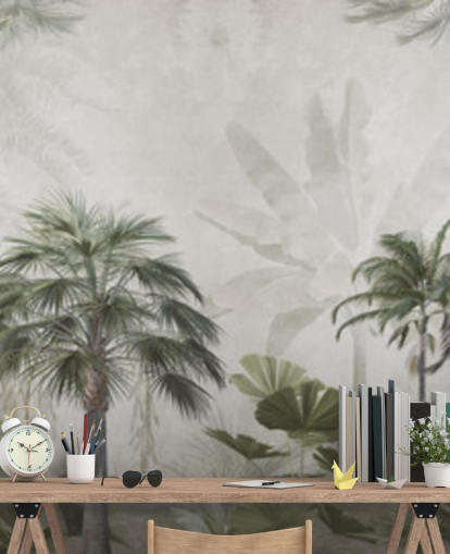 Panoraama vaimennettu vihreä ja harmaa viidakon taustakuva korkeilla palmuilla Panoraama vaimennettu vihreä ja harmaa viidakon taustakuva korkeilla palmuilla