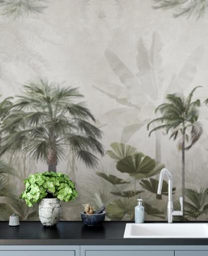 Panoramic muted green and gray jungle wallpaper with tall palm trees Panoramic muted green and gray jungle wallpaper with tall palm trees