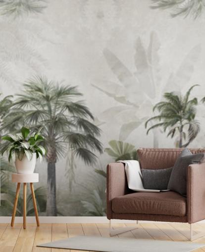 Panoramisch gedempt groen en grijs junglebehang met hoge palmbomen Panoramisch gedempt groen en grijs junglebehang met hoge palmbomen
