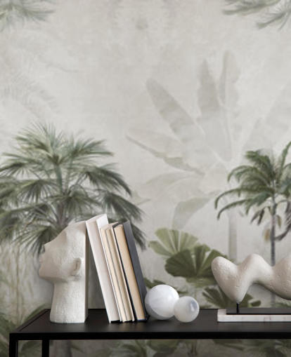 Panoraama vaimennettu vihreä ja harmaa viidakon taustakuva korkeilla palmuilla Panoraama vaimennettu vihreä ja harmaa viidakon taustakuva korkeilla palmuilla