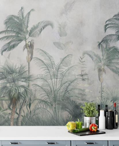 Palmiers de la jungle bleus et bleu sarcelle avec un papier peint bleu clair Palmiers de la jungle bleus et bleu sarcelle avec un papier peint bleu clair