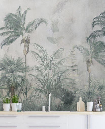 Blue and teal jungle palm trees with a light blue haze wallpaper Blue and teal jungle palm trees with a light blue haze wallpaper