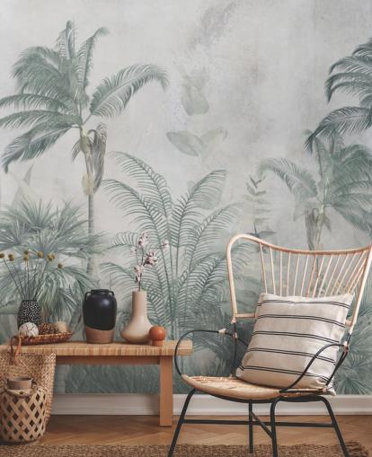 Palme della giungla blu e verde acqua con una carta da parati blu chiaro Palme della giungla blu e verde acqua con una carta da parati blu chiaro