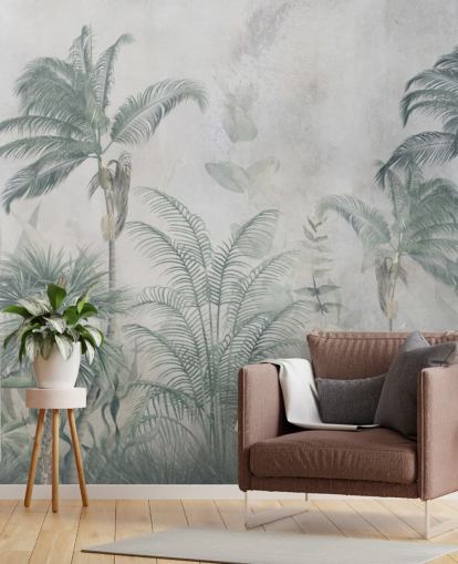 Blauwe en groenblauwe junglepalmbomen met een lichtblauw haze-behang Blauwe en groenblauwe junglepalmbomen met een lichtblauw haze-behang