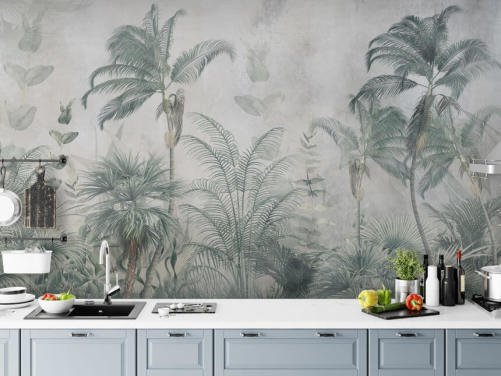 Blauwe en groenblauwe junglepalmbomen met een lichtblauw haze-behang