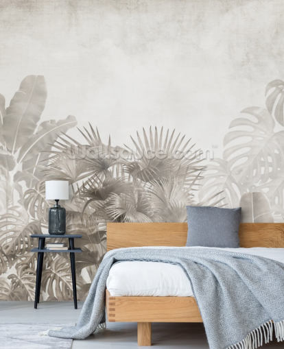 neutral beige jungle wallpaper with tropical trees and a hazy white sky neutral beige jungle wallpaper with tropical trees and a hazy white sky