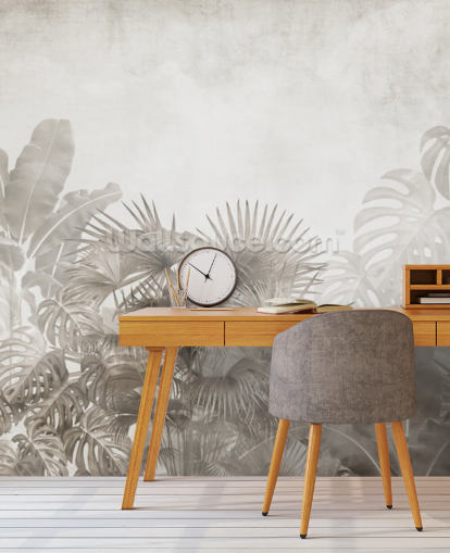 neutral beige jungle wallpaper with tropical trees and a hazy white sky neutral beige jungle wallpaper with tropical trees and a hazy white sky