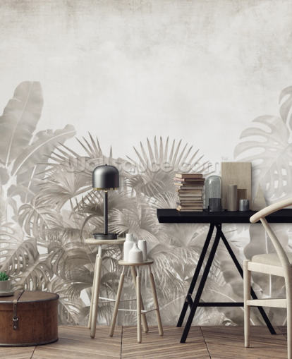 neutral beige jungle wallpaper with tropical trees and a hazy white sky neutral beige jungle wallpaper with tropical trees and a hazy white sky