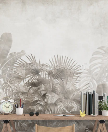 papel de parede de selva bege neutro com árvores tropicais e um céu branco nebuloso papel de parede de selva bege neutro com árvores tropicais e um céu branco nebuloso