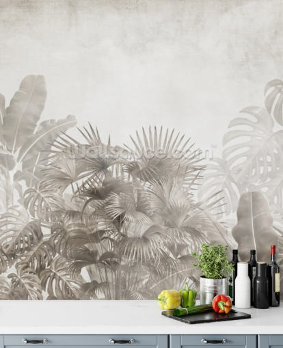 neutral beige jungle tapet med tropiske træer og en tåget hvid himmel neutral beige jungle tapet med tropiske træer og en tåget hvid himmel