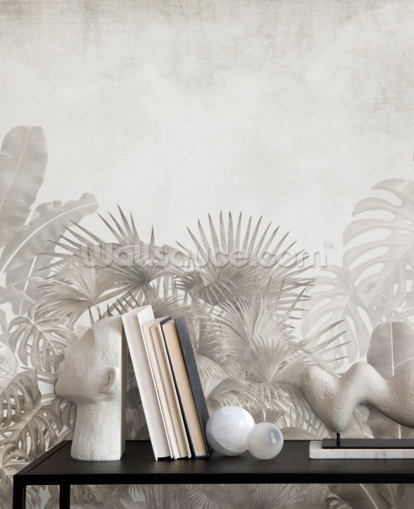 neutraal beige junglebehang met tropische bomen en een wazige witte lucht neutraal beige junglebehang met tropische bomen en een wazige witte lucht