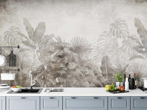 papier peint de jungle beige neutre avec des arbres tropicaux et un ciel blanc brumeux