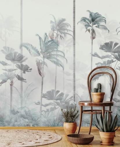 White foggy background with tall muted blue and green jungle tree tops wallpaper White foggy background with tall muted blue and green jungle tree tops wallpaper