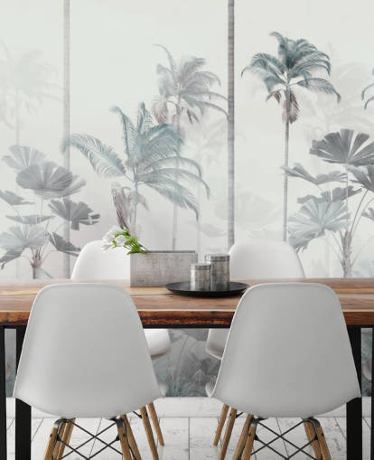 White foggy background with tall muted blue and green jungle tree tops wallpaper White foggy background with tall muted blue and green jungle tree tops wallpaper