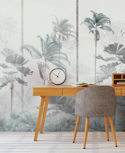 Witte mistige achtergrond met hoog gedempt blauw en groen behang met jungleboomtoppen Witte mistige achtergrond met hoog gedempt blauw en groen behang met jungleboomtoppen